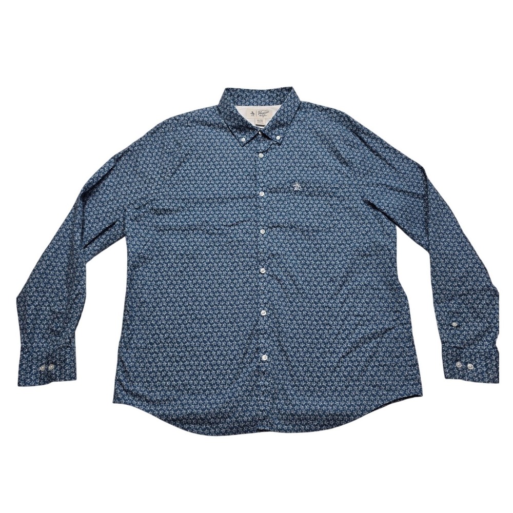 Original Penguin Button Down Shirt Logo Print Blue Stretch Streetwear Mens XXL
